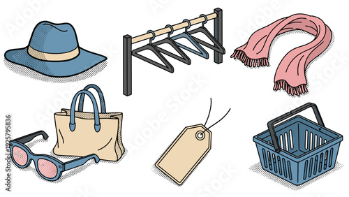 Fashion and shopping accessories in isometric style with hat, scarf, bag, and more