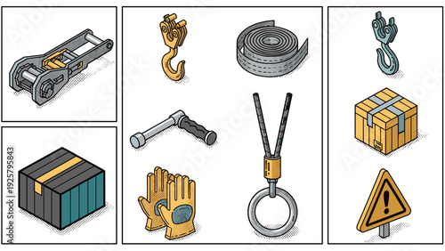 Isometric industrial tools and equipment collection for safety and construction