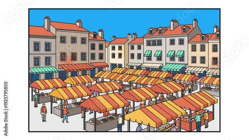 Colorful city market under blue sky with lively atmosphere and vintage architecture