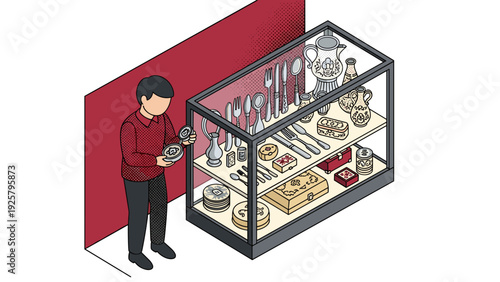 Isometric display case with tableware and collector observing collection
