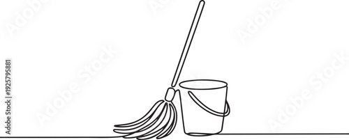 Continuous one line drawing of mop and bucket. Cleaning concept. one line art icon drawing vector