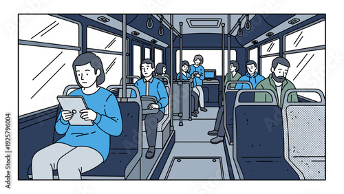 Linear interior scene of public transport with people using digital devices