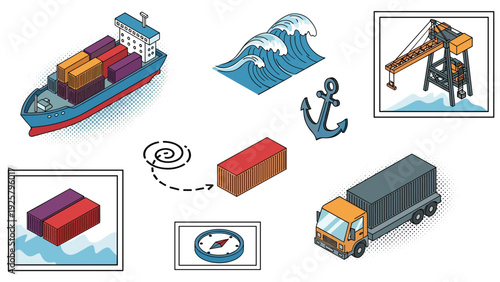 Maritime logistics elements with shipping containers and transport vehicles in isometric style