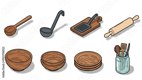 Retro isometric kitchen utensils collection with ladel, rolling pin, bowls, and more
