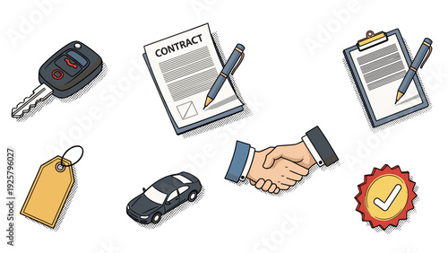 Car deal icons with handshake, contract, key, and price tag