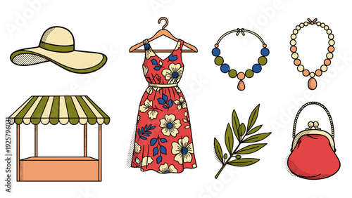 Vintage fashion elements: dress, hat, accessories, and more in retro style
