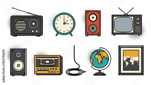 Retro gadgets set featuring vintage radio, television, and globe in flat style