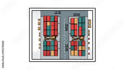 Aerial view of cargo containers and trucks at a port terminal in isometric style
