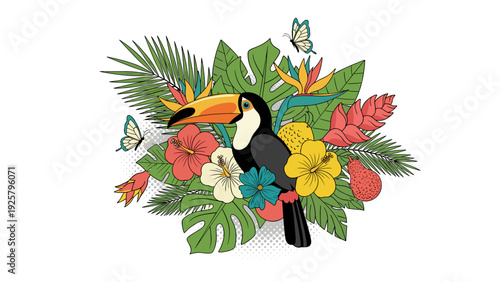 Tropical wildlife scene with toucan and lush florals in vibrant colors