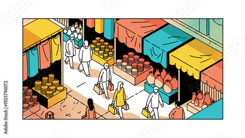 Vibrant market scene with colorful stalls and shoppers in isometric style