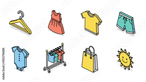 Colorful isometric clothing icons with shopping and summer elements
