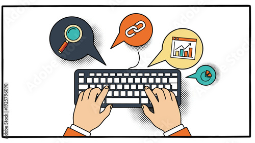 Hands typing on keyboard with business icons and communication elements