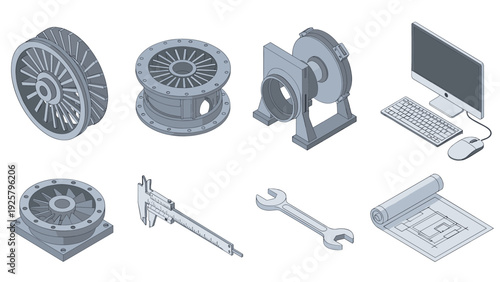 Engineering components and tools in isometric design for industrial projects