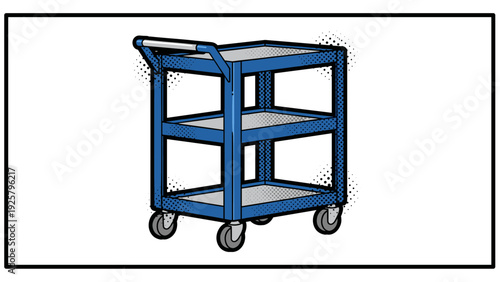 Blue three-tier utility cart on wheels in retro comic style