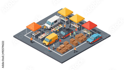 Isometric farmers market scene with vendors and shoppers under colorful tents