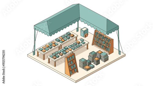 Isometric book fair booth with shelves and stacks of books under tent