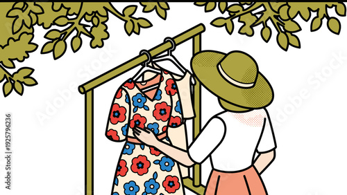 Woman choosing floral dress on rack under tree branches in vibrant isometric art