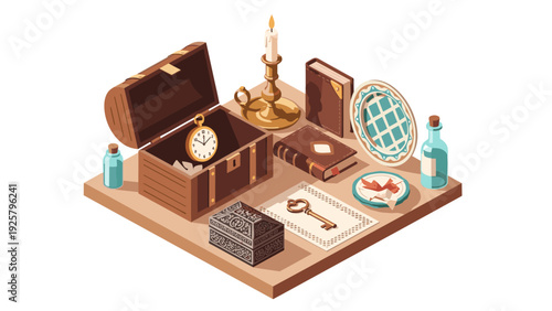 Vintage treasures: isometric antique collection with books, key, and candle