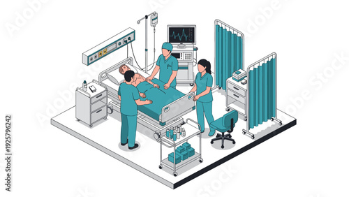 Isometric modern hospital room with medical team attending patient