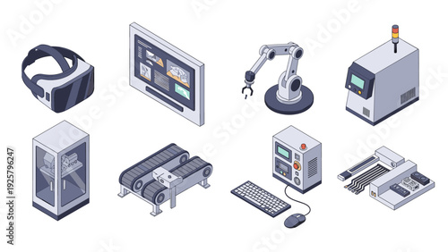 Isometric smart factory set featuring vr headset, robotics, and automation technology