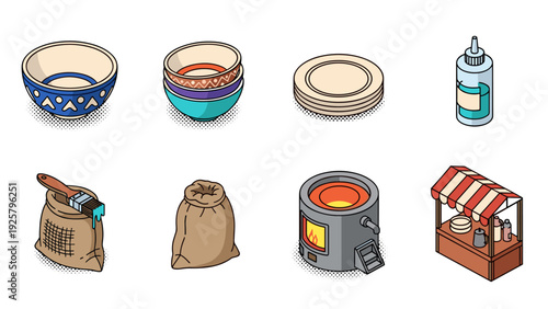 Vintage ceramic bowls and artisan tools in comic style