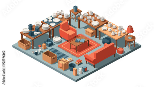 Isometric yard sale setup with furniture and kitchenware in modern style