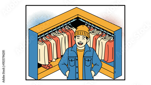 Happy person choosing outfit in retro comic style closet