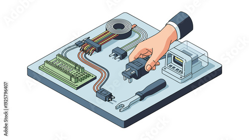 Isometric electronics tools and components on a workbench
