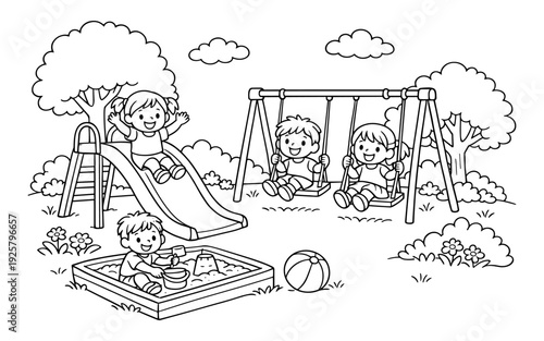 Children happily playing on playground equipment including slides, swings, and sandbox