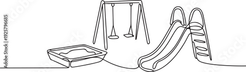 Continuous one line drawing of playground with sandbox, swing and slide. one line art icon drawing vector