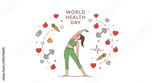 World Health Day yoga icon with fitness and nutrition symbols vector
