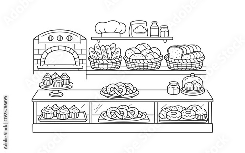 Charming bakery display with oven, breads, pastries, and cupcakes in a cartoon style
