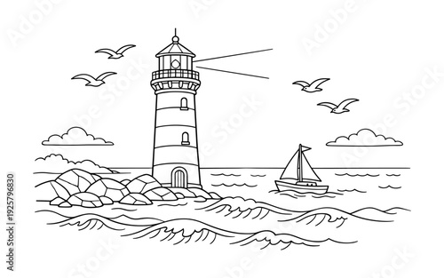 Lighthouse guiding a sailboat on a wavy sea with seagulls flying overhead