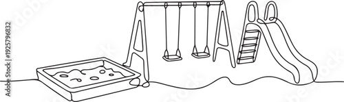 Continuous one line drawing of playground with sandbox, swing and slide. one line art icon drawing vector