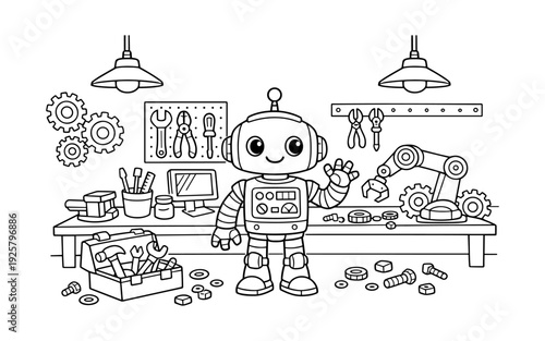 Cute cartoon robot waving hello in a workshop with tools and gears
