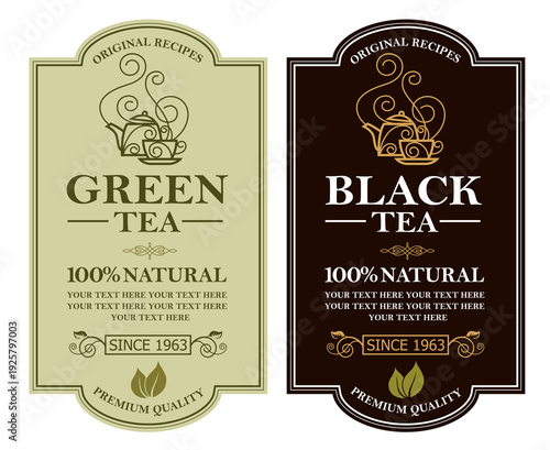 collection of green and black tea labels with leaves and cup