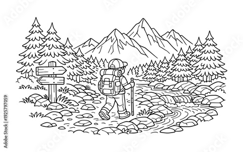 Cartoon hiker with backpack and trekking pole walks along a rocky stream towards mountains