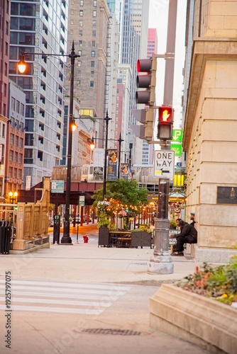 Wallpaper Mural View of a person walking down the street with Chicago Buildings in the background at Sunrise Torontodigital.ca