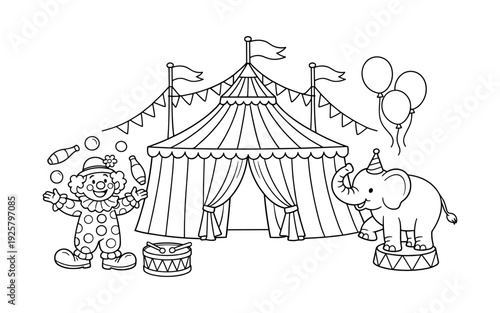 Whimsical circus scene with a juggling clown, performing elephant, and big top tent