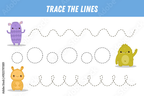 Tracing lines for kids. Cute cartoon monsters. Handwriting practice. Educational game for preschool kids. Activity page. Vector