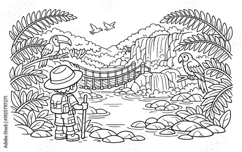 Cartoon explorer boy with backpack and walking stick in jungle near waterfall and bridge