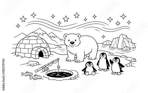 Cute polar bear and penguins fishing under the aurora borealis and stars