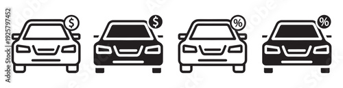 Set of car loan icons and money. Car with percent and dollars icons. Buying vehicle, car loan, transport payment, rent car Vector illustration.