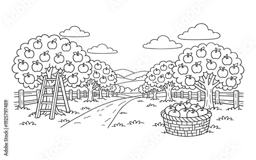 Cartoon apple orchard scene with a ladder and basket full of apples