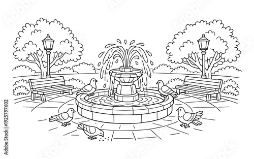 Charming park scene with a fountain, benches, lampposts, and pigeons feeding