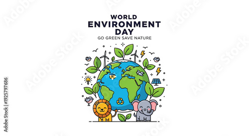 World Environment Day icon set, eco-friendly symbols, globe with leaves and animals.