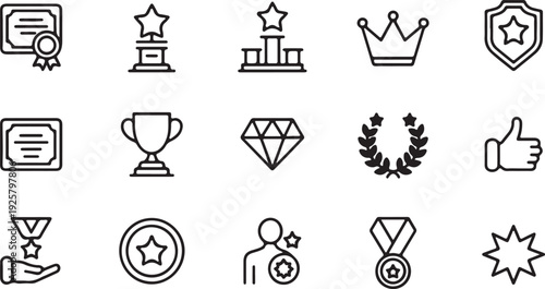 Modern outline icons for success, achievement, quality, and award recognition symbols