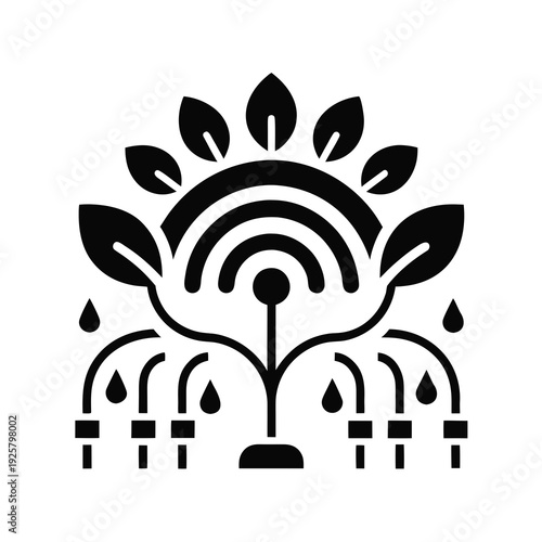 A black and white logo of a plant with leaves and water droplets