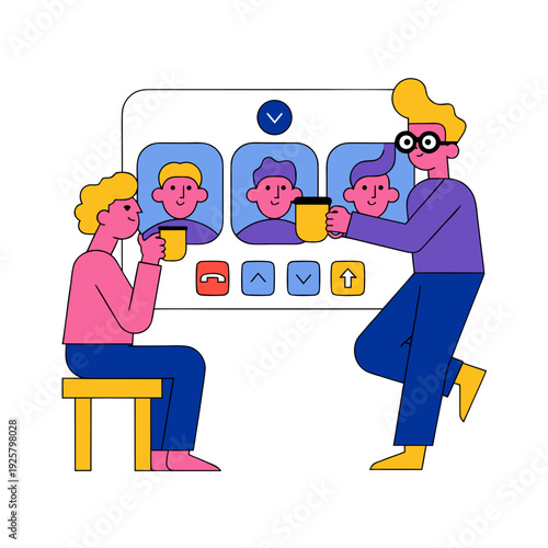 Colleagues chatting and enjoying coffee during a video call