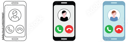 Phone interaction icon collection, incoming call symbols with accept and decline options, mobile phone call interface icons, vector graphics for digital communication